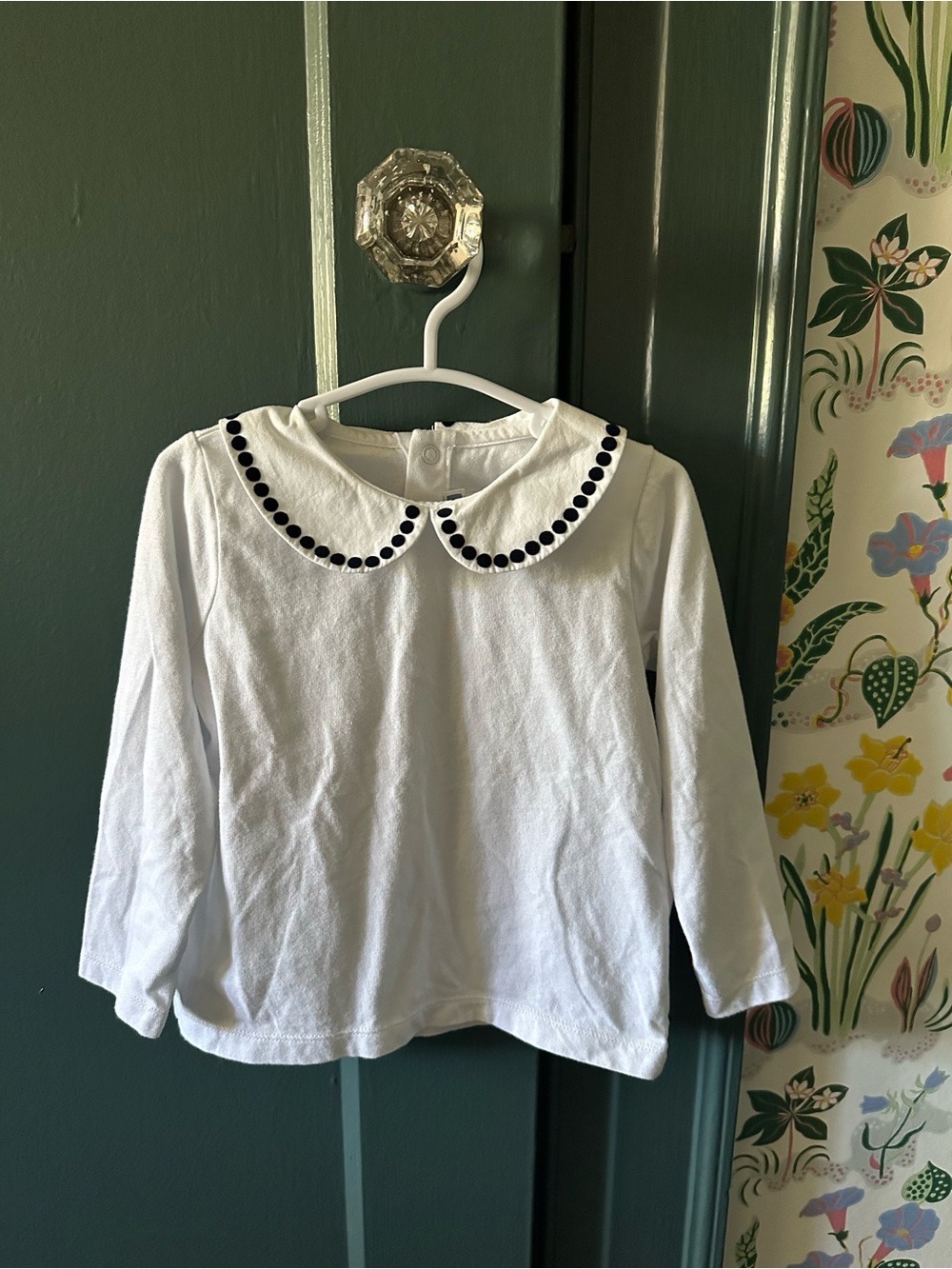 Jacadi White Long-Sleeve Top with Black-Dotted Peter Pan Collar